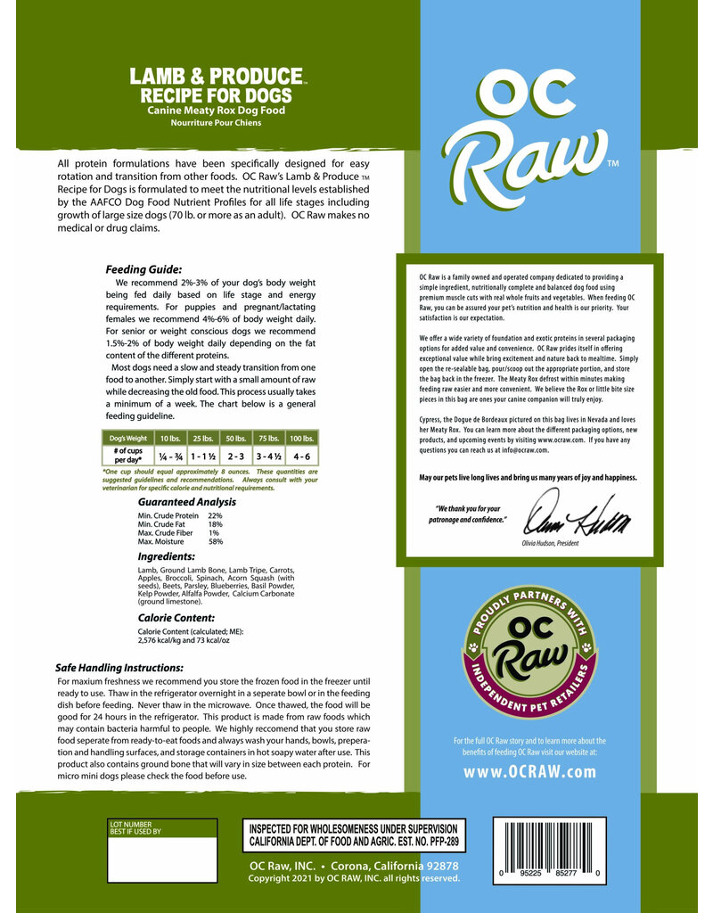 OC Raw Pet Food OC Raw Frozen Meaty Rox Dog Food | Lamb & Produce 7 lb (*Frozen Products for Local Delivery or In-Store Pickup Only. *)