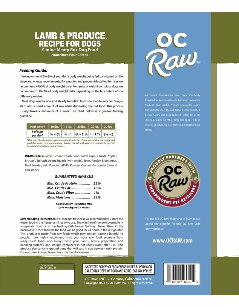 OC Raw Pet Food OC Raw Frozen Meaty Rox Dog Food | Lamb & Produce 3 lb (*Frozen Products for Local Delivery or In-Store Pickup Only. *)