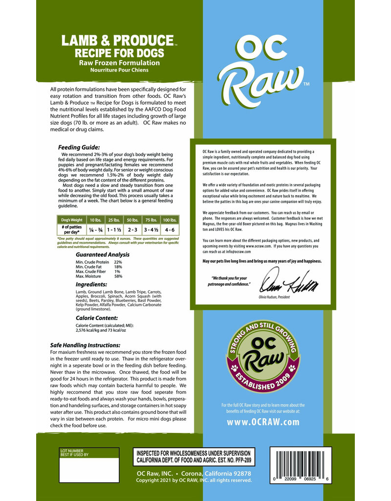 OC Raw Pet Food OC Raw Frozen Dog Food 8 oz Patties | Lamb & Produce 6 lb (*Frozen Products for Local Delivery or In-Store Pickup Only. *)