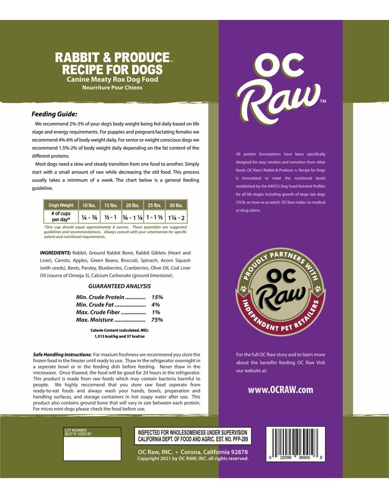 OC Raw Pet Food OC Raw Frozen Meaty Rox Dog Food | Rabbit & Produce 3 lb (*Frozen Products for Local Delivery or In-Store Pickup Only. *)