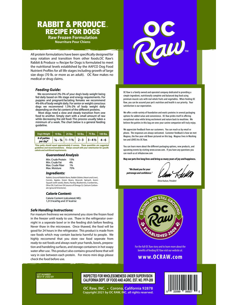 OC Raw Pet Food OC Raw Frozen Dog Food 8 oz Patties | Rabbit & Produce 6 lb (*Frozen Products for Local Delivery or In-Store Pickup Only. *)