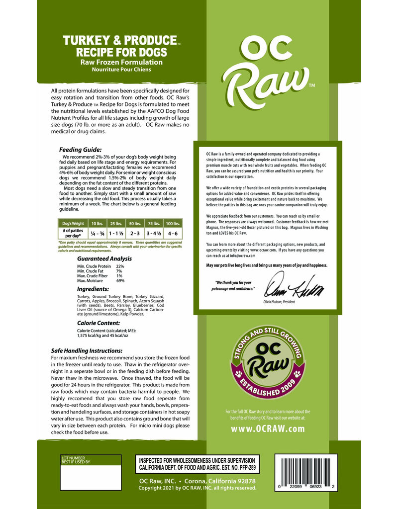 OC Raw Pet Food OC Raw Frozen Dog Food 8 oz Patties | Turkey & Produce 6 lb (*Frozen Products for Local Delivery or In-Store Pickup Only. *)