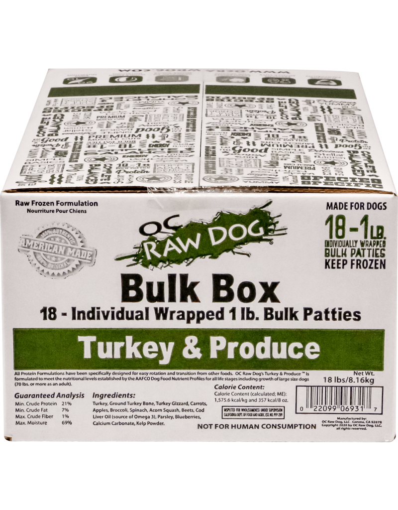 OC Raw Pet Food OC Raw Frozen Dog Food 16 oz Patties | Turkey & Produce 18 lb (*Frozen Products for Local Delivery or In-Store Pickup Only. *)