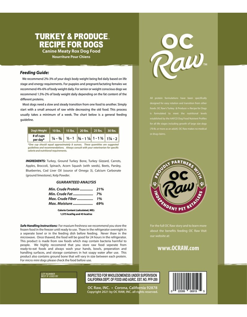 OC Raw Pet Food OC Raw Frozen Meaty Rox Dog Food | Turkey & Produce 3 lb (*Frozen Products for Local Delivery or In-Store Pickup Only. *)