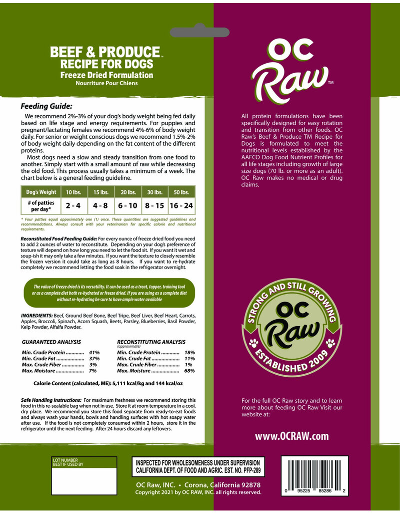 OC Raw Pet Food OC Raw Freeze Dried Sliders Dog Food | Beef & Produce 14 oz