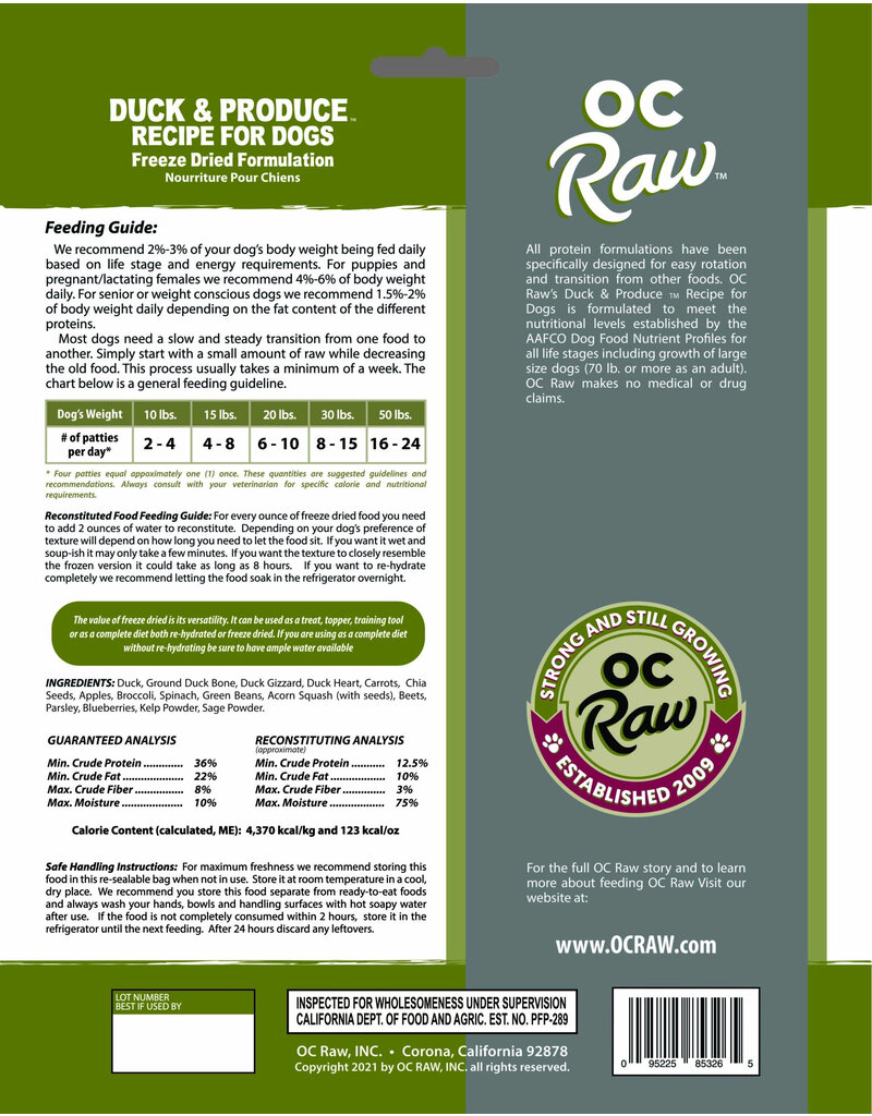 OC Raw Pet Food OC Raw Freeze Dried Sliders Dog Food | Duck & Produce 14 oz