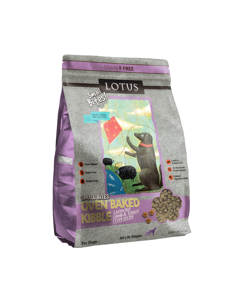 Lotus Natural Pet Food Lotus Oven Baked Dog  Kibble | Grain Free Small Bites Lamb & Turkey Liver Recipe 4 lb