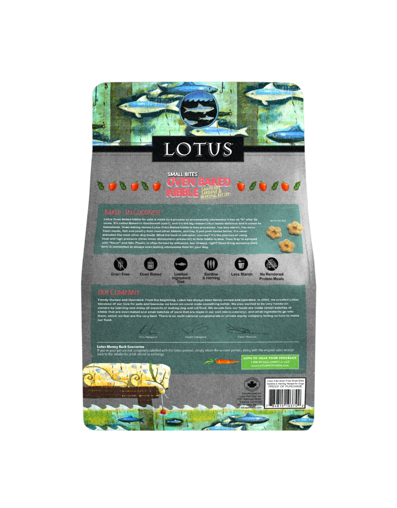 Lotus Natural Pet Food Lotus Oven Baked Dog  Kibble | Grain Free Small Bites Sardine & Herring Recipe 4 lb