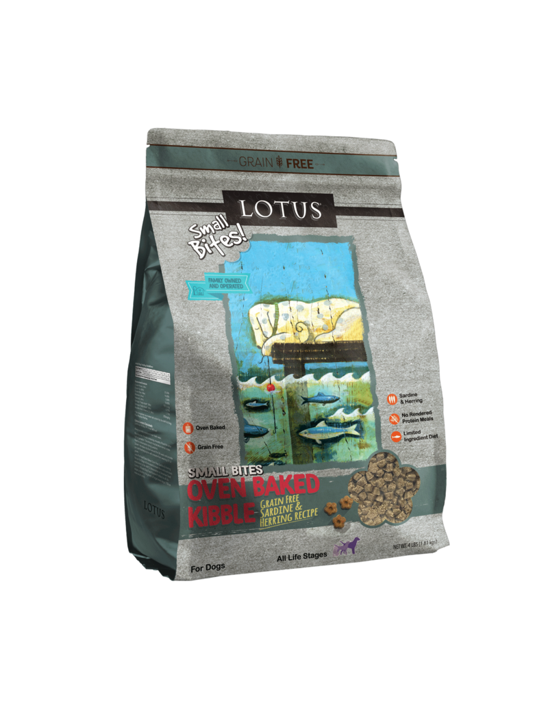 Lotus Natural Pet Food Lotus Oven Baked Dog  Kibble | Grain Free Small Bites Sardine & Herring Recipe 4 lb