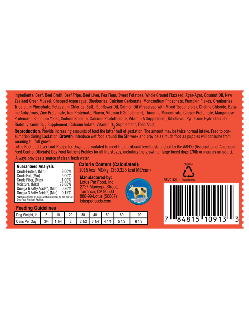 Lotus Natural Pet Food Lotus Pate Canned Dog Food | Grain Free Beef & Liver Loaf 12.5 oz CASE/12