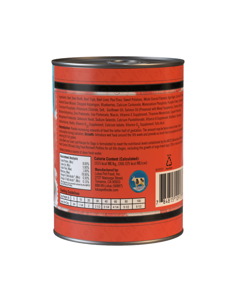 Lotus Natural Pet Food Lotus Pate Canned Dog Food | Grain Free Beef & Liver Loaf 12.5 oz CASE/12