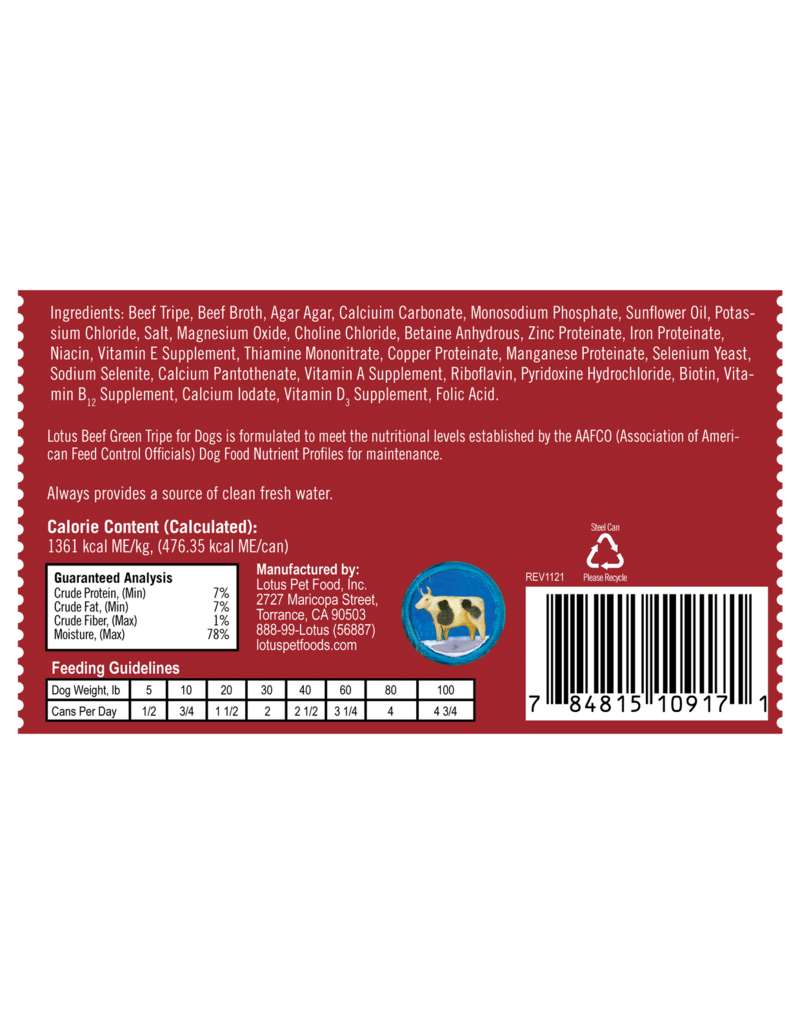 Lotus Natural Pet Food Lotus Pate Canned Dog Food | Grain Free Beef Green Tripe Loaf 12.5 oz single