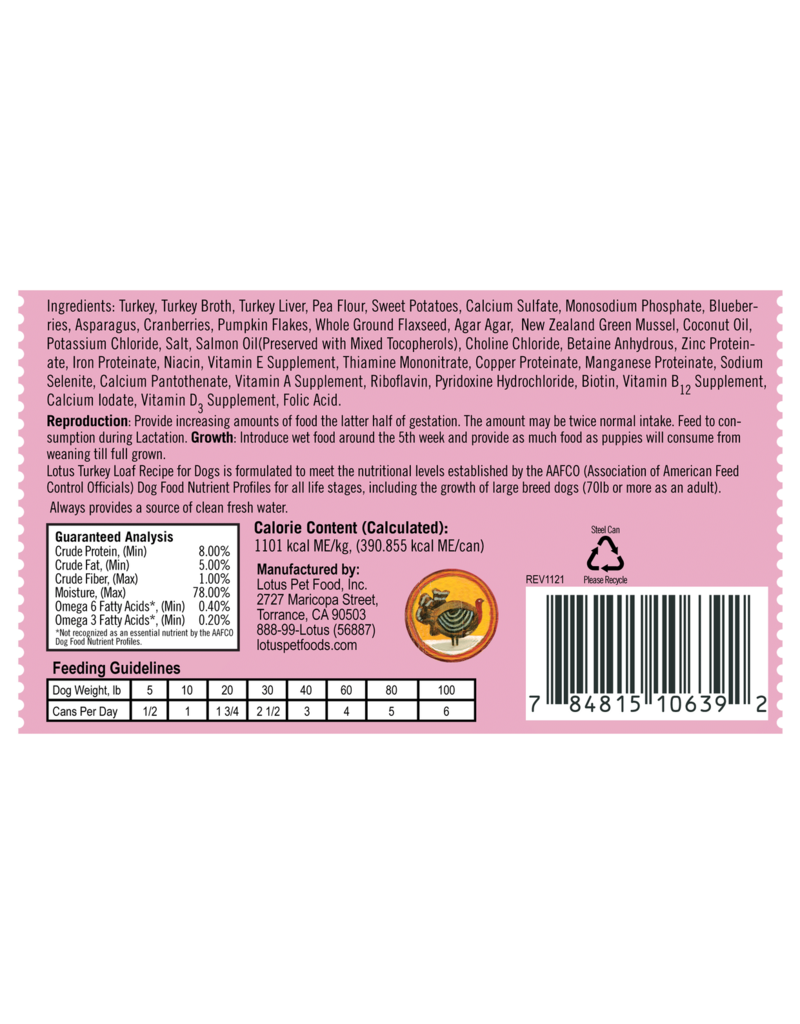 Lotus Natural Pet Food Lotus Pate Canned Dog Food | Grain Free Turkey Loaf 12.5 oz single