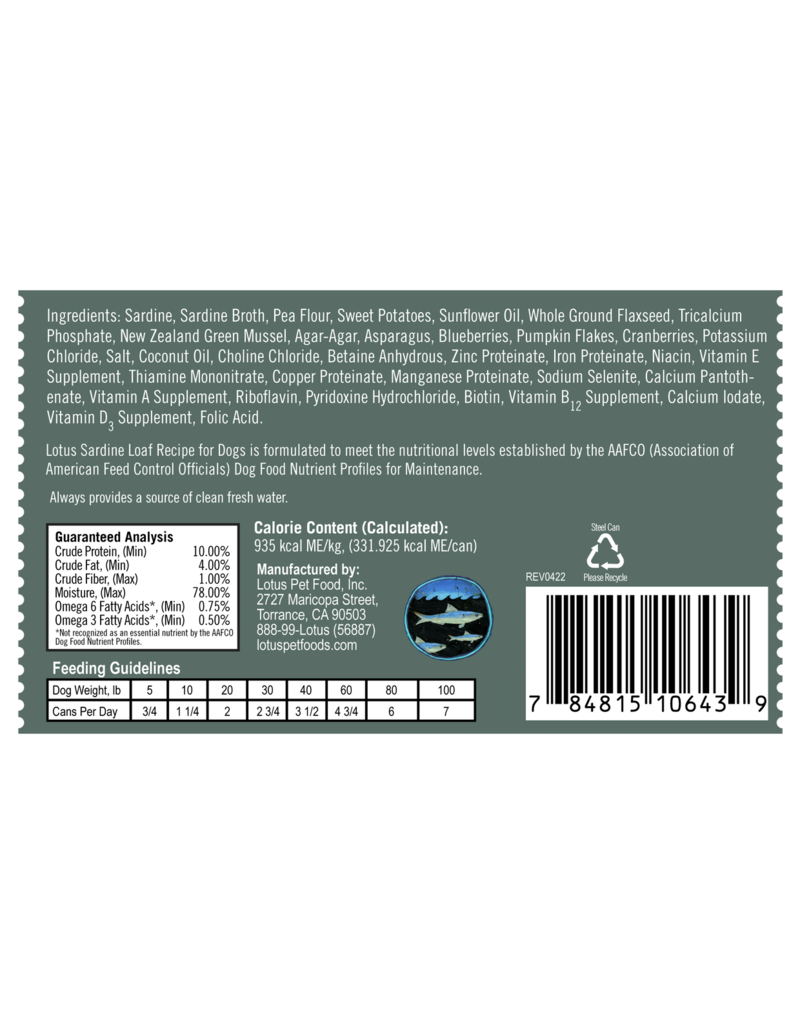 Lotus Natural Pet Food Lotus Pate Canned Dog Food | Grain Free Sardine Loaf 12.5 oz single