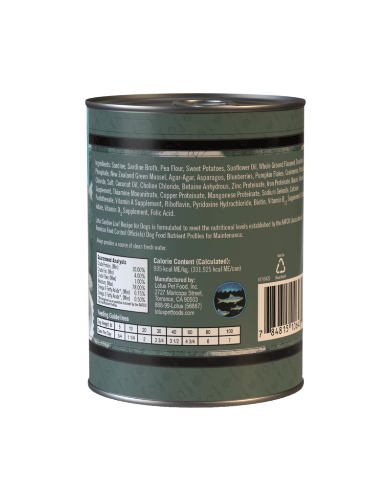Lotus Natural Pet Food Lotus Pate Canned Dog Food | Grain Free Sardine Loaf 12.5 oz single