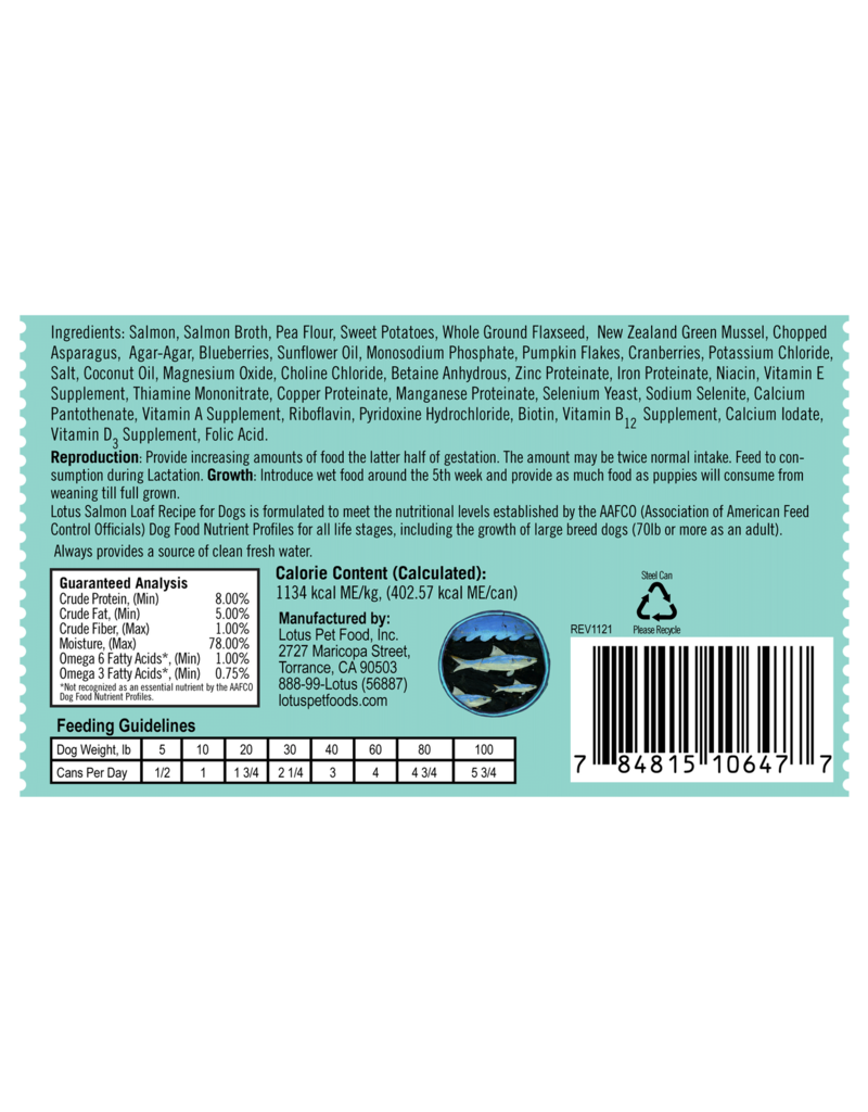 Lotus Natural Pet Food Lotus Pate Canned Dog Food | Grain Free Salmon Loaf 12.5 oz CASE/12