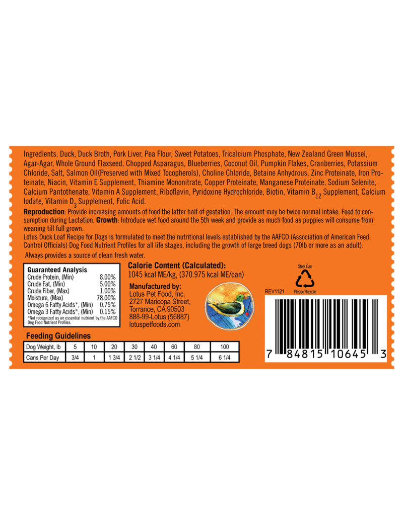 Lotus Natural Pet Food Lotus Pate Canned Dog Food | Grain Free Duck Loaf 12.5 oz single