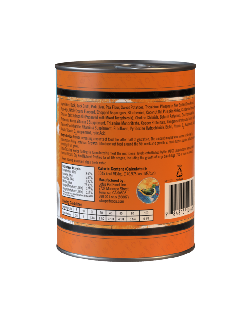 Lotus Natural Pet Food Lotus Pate Canned Dog Food | Grain Free Duck Loaf 12.5 oz single