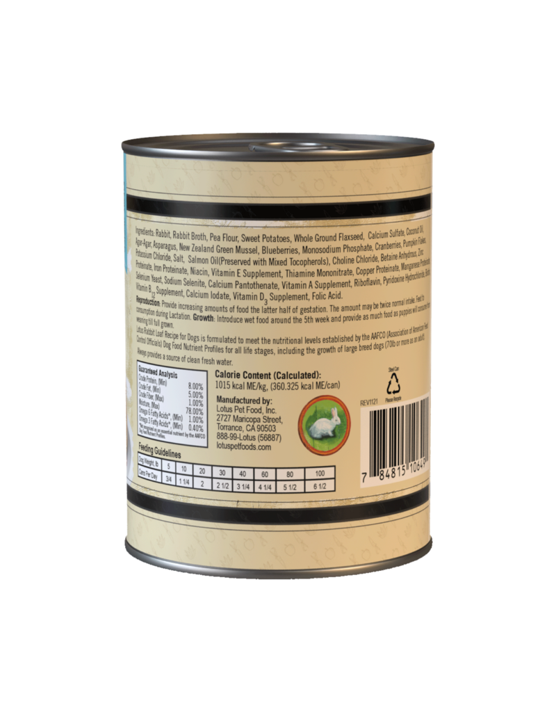 Lotus Natural Pet Food Lotus Pate Canned Dog Food | Grain Free Rabbit Loaf 12.5 oz CASE/12