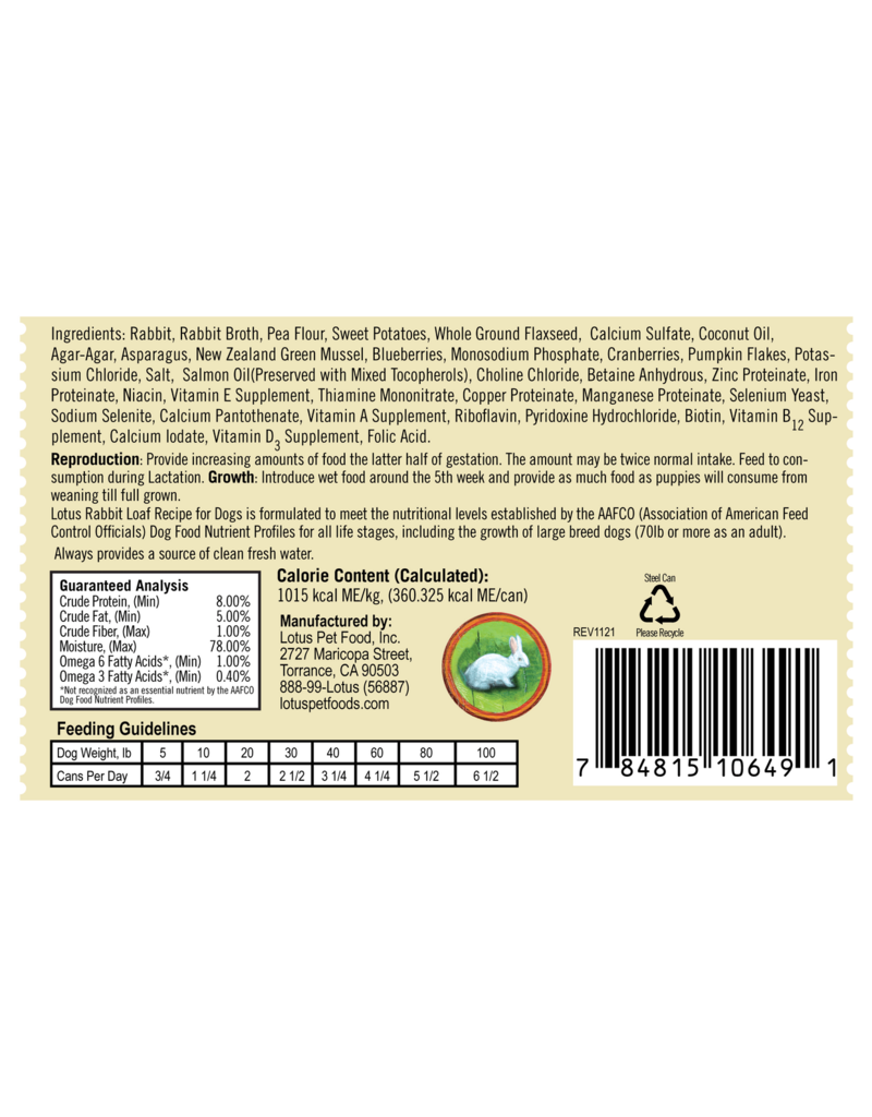 Lotus Natural Pet Food Lotus Pate Canned Dog Food | Grain Free Rabbit Loaf 12.5 oz single