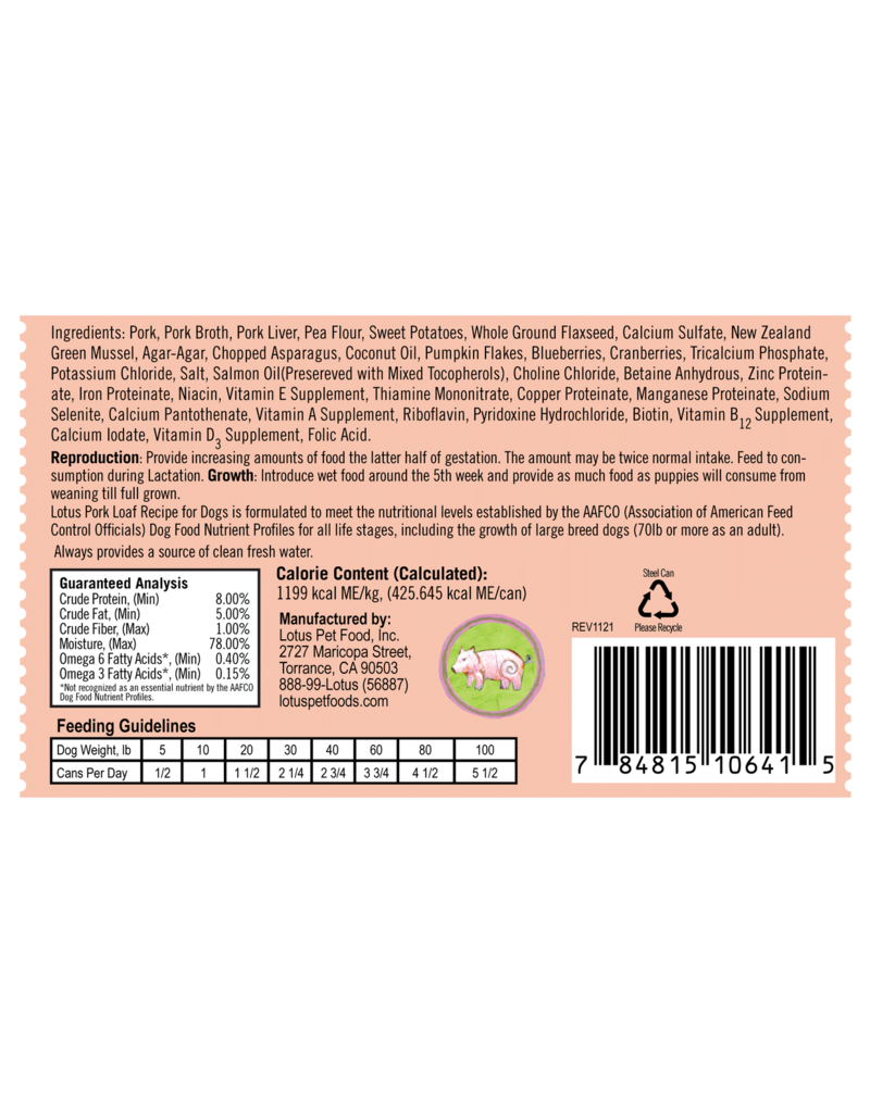 Lotus Natural Pet Food Lotus Pate Canned Dog Food | Grain Free Pork Loaf 12.5 oz single