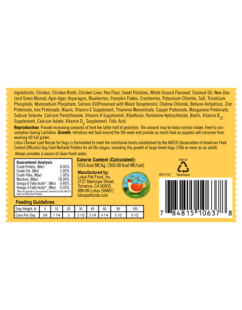 Lotus Natural Pet Food Lotus Pate Canned Dog Food | Grain Free Chicken Loaf 12.5 oz single