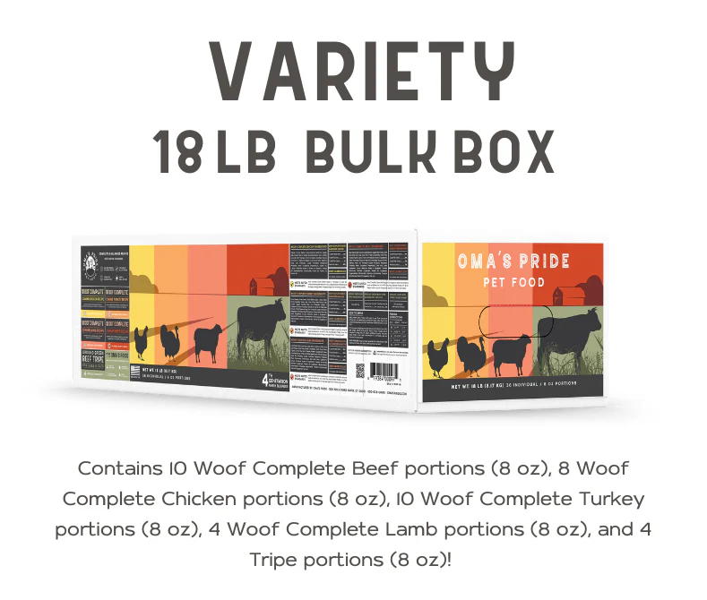 Oma's Pride Raw Frozen Dog Food | Woof Complete 8 oz Patties