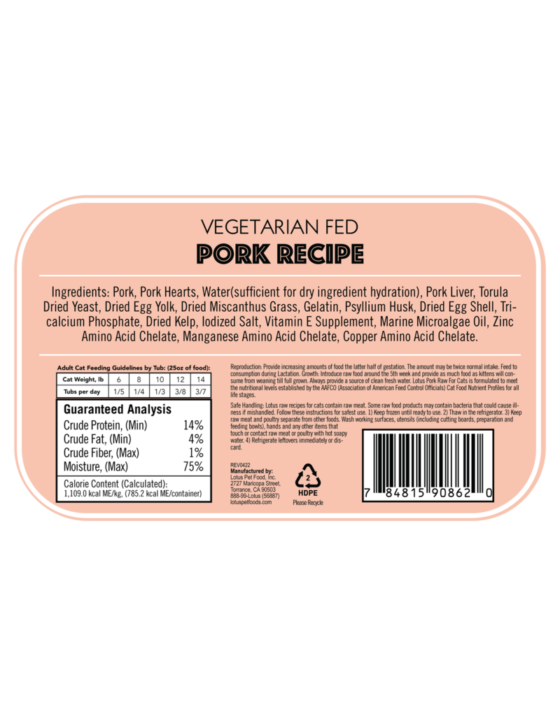 Lotus Natural Pet Food Lotus Frozen Raw Cat Food | Vegetarian Fed Pork 25 oz CASE/8 (*Frozen Products for Local Delivery or In-Store Pickup Only. *)