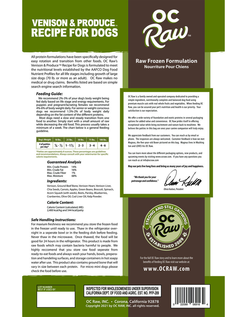 OC Raw Pet Food OC Raw Frozen Dog Food 8 oz Patties | Venison & Produce 6 lb (*Frozen Products for Local Delivery or In-Store Pickup Only. *)