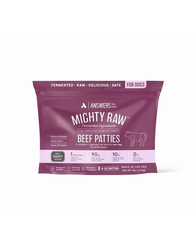 Answer's Pet Food Answers Detailed Frozen Dog Patties | Mighty Raw Beef 8 oz Patties 4 lbs CASE / 10 (*Frozen Products for Local Delivery or In-Store Pickup Only. *)