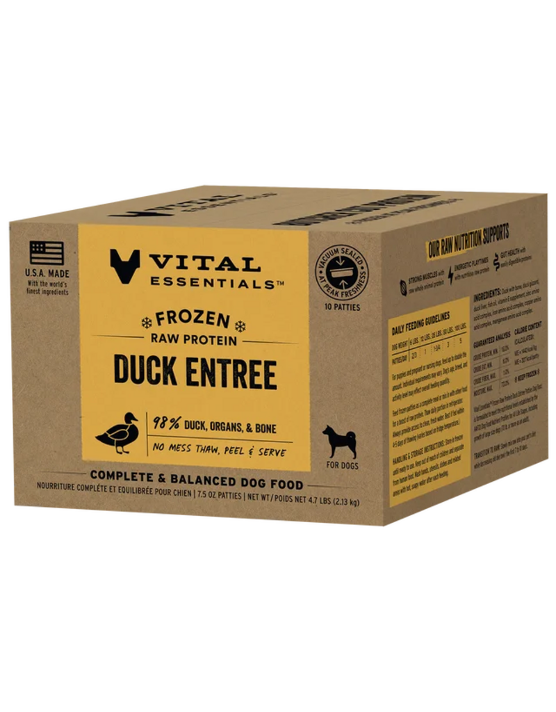 Frontier Distributing Vital Essentials Frozen Patties for Dogs | Duck Entree 4.7 lb Box 10 Ct (*Frozen Products for Local Delivery or In-Store Pickup Only. *)