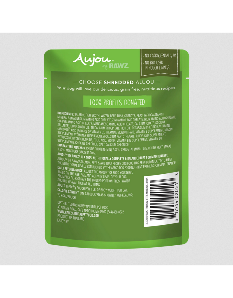 RAWZ RAWZ Aujou Dog Pouch | Shredded Salmon, Beef & Aku Tuna in Broth 2.46 oz CASE/8