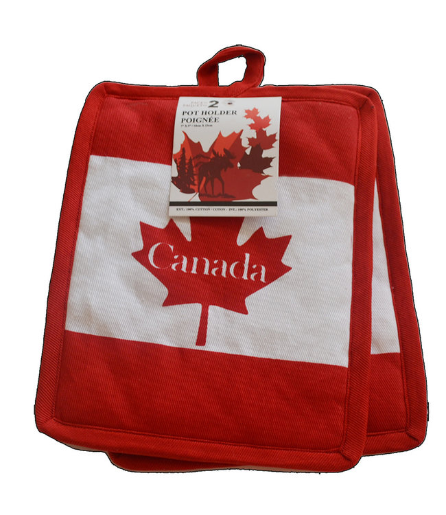 PAIR OF CANADA FLAG POT HOLDERS (MP72) WHITE/RED 7X9" Oxford Mills Home Fashion Factory Outlet