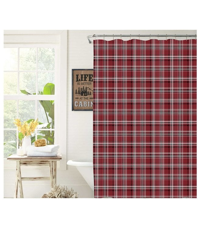 RUSTIC CABIN EDEN PLAID FABRIC SHOWER CURTAIN RED/BLACK 70X72"