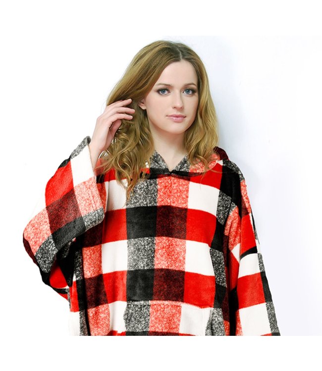 CHANTECLER BUFFALO PLAID HOODED FLEECE PONCHO RED 31" (MP6)