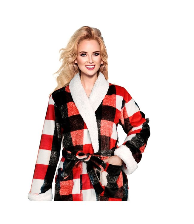 CHANTECLER BUFFALO PLAID LADIES VELOUR BATHROBE RED (MP6)