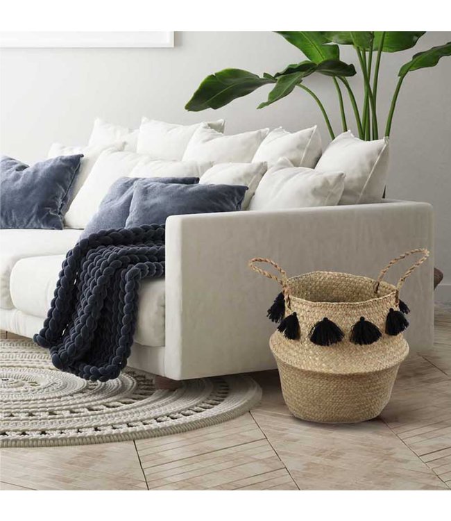 LAUREN TAYLOR SEAGRASS BASKET w/BLACK TASSELS 14X12.5"