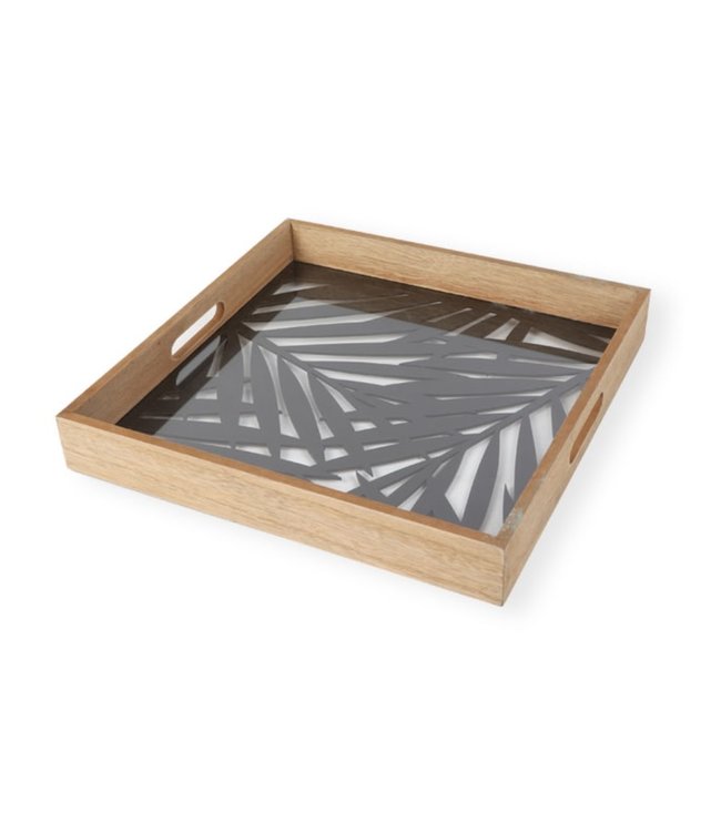 LAUREN TAYLOR LEAF DESIGN SERVING TRAY BLACK/WOOD 14X14X2"