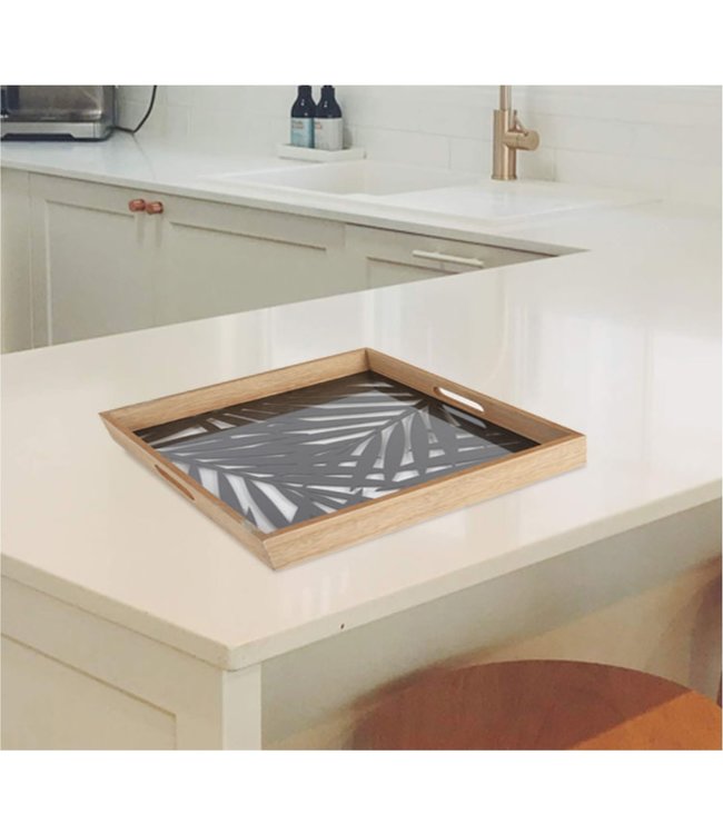 LAUREN TAYLOR LEAF DESIGN SERVING TRAY BLACK/WOOD 14X14X2"