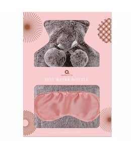 GREY FAUX FUR 2L HOT WATER BOTTLE & PINK SATIN EYE MASK