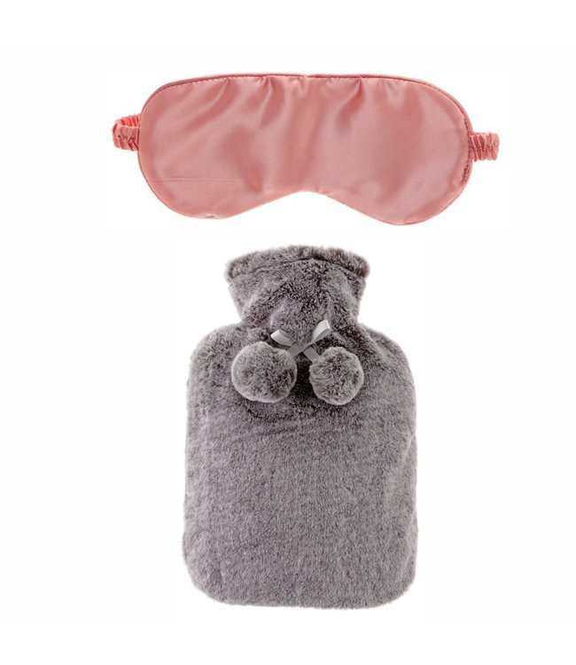 GREY FAUX FUR 2L HOT WATER BOTTLE & PINK SATIN EYE MASK