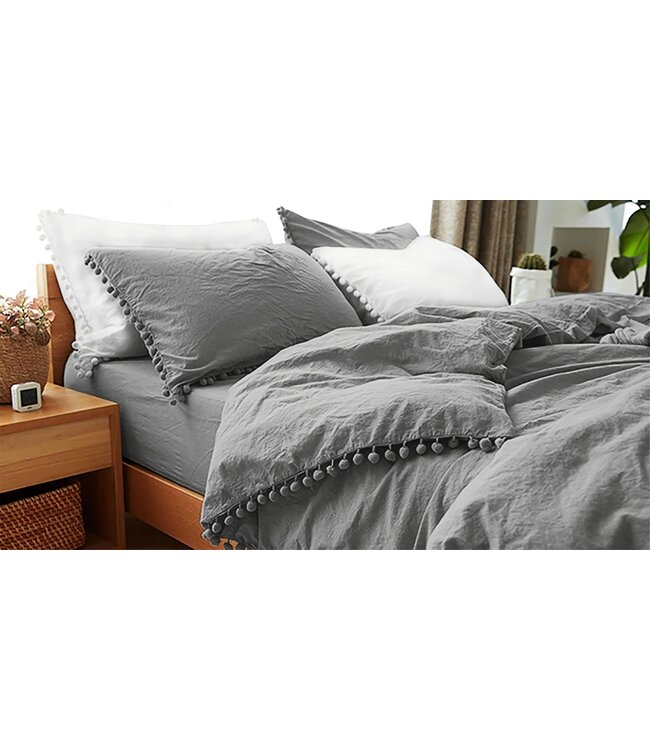 LAUREN TAYLOR 3pc POMPOM COTTON FEEL STONEWASHED DUVET COVER SET GREY