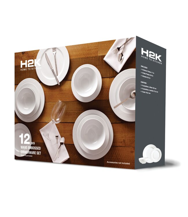 12PC EMBOSSED WAVE DINNERWARE SET SUPER WHITE