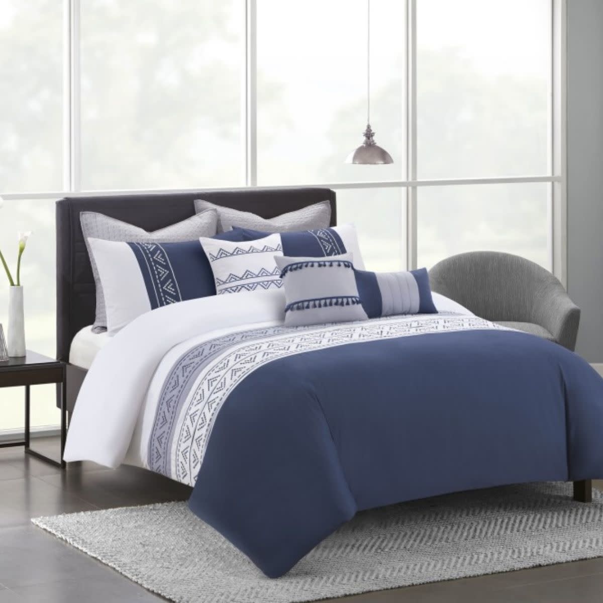 EMBASSY 6pc EMBROIDERED COMFORTER SET BLUE Oxford Mills Home Fashion