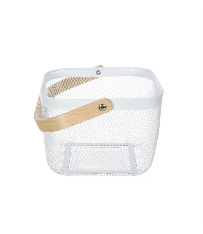 METAL WIRE BASKET w/WOODEN HANDLE 9x9x7"