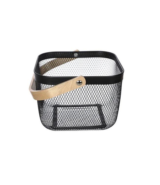 METAL WIRE BASKET w/WOODEN HANDLE 9x9x7"