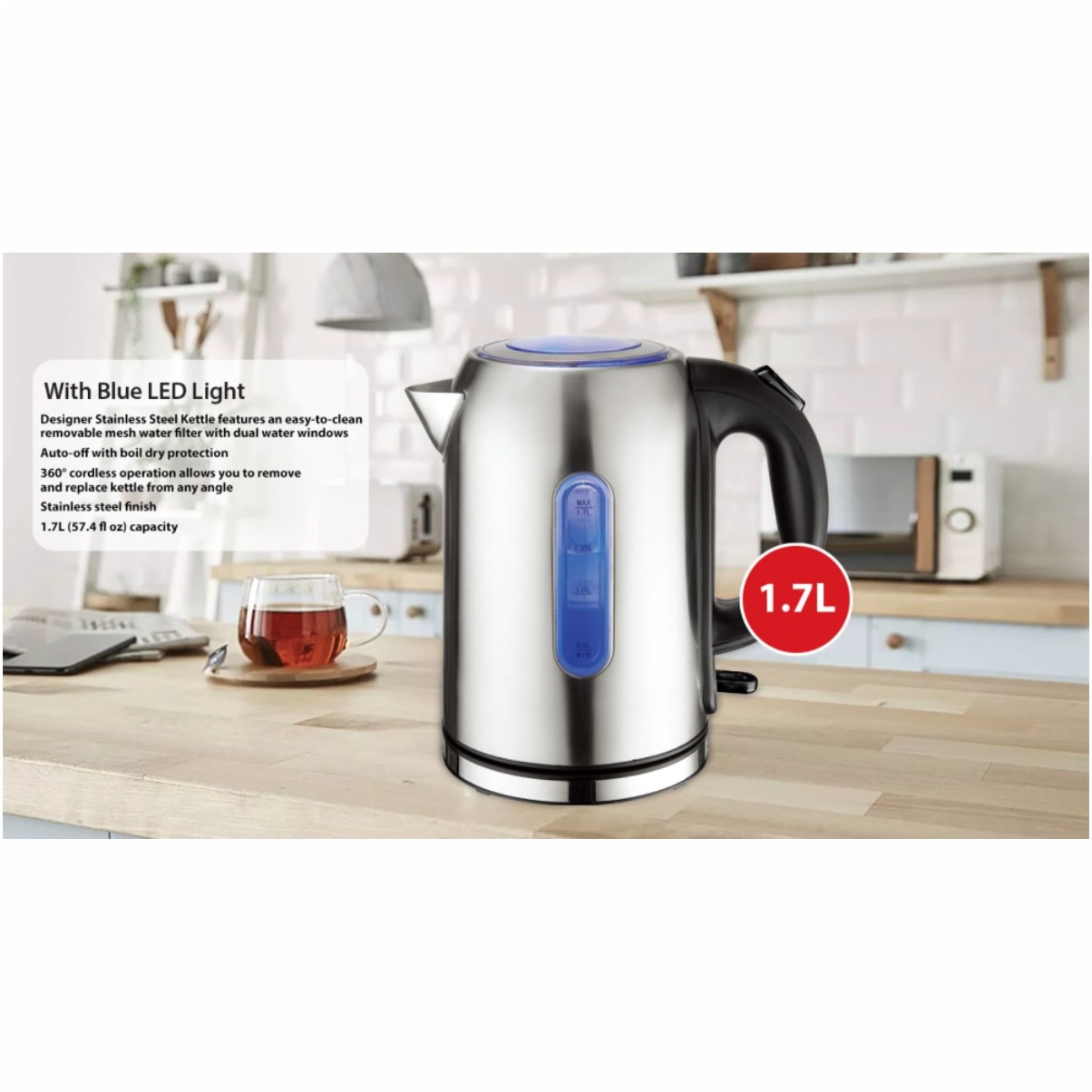 STAINLESS STEEL ELECTRIC 1.7L KETTLE w BLUE LED LIGHT