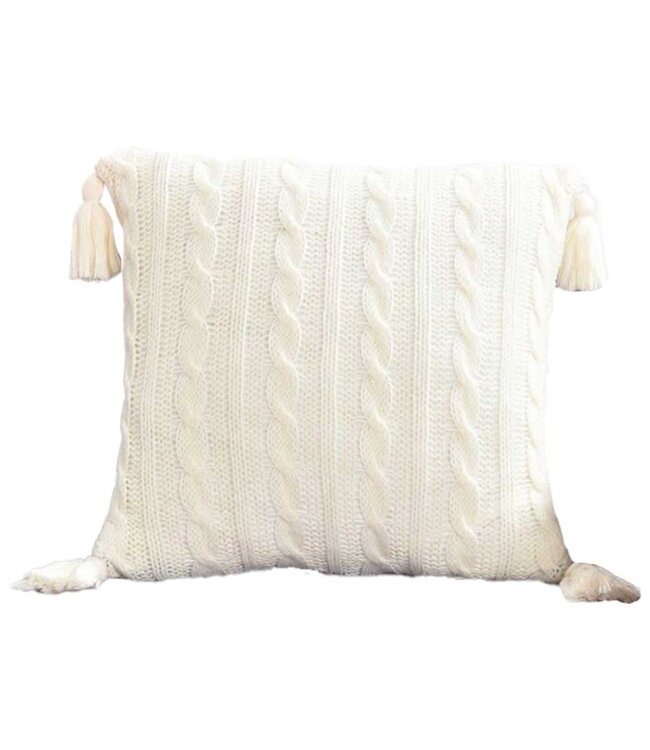 LAUREN TAYLOR CABLE CROCHET KNIT CUSHION w/TASSELS IVORY 18X18"