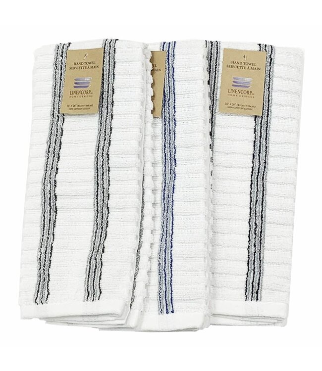 STRIPED WHITE JACQUARD TOWELS w/NAVY OR DARK GREY OR ROYAL BLUE