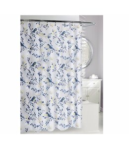 BIRDS OF A FEATHER SHOWER CURTAIN SLUB FABRIC BLUE/YELLOW